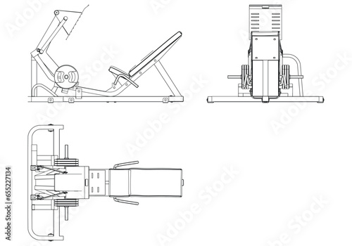 Leg Press machine. Gym equipment on white background vector illustration. Different fitness equipment for muscle building. Workout and training concept.