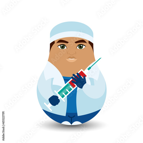 A doctor in a medical gown holds a syringe in his hands. Vaccination. Design tilting toy. Modern kawaii dolls for your business project. Vector illustration