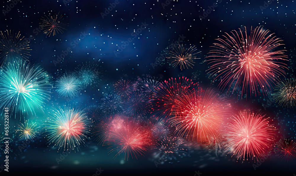 The night sky bursts into a dazzling display of colorful fireworks.
