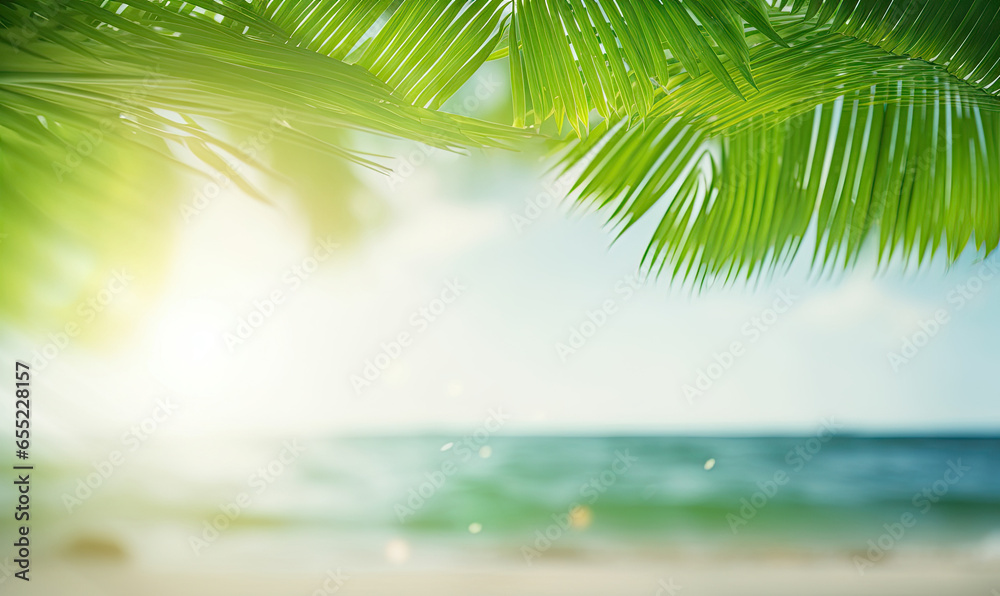 Close-up of palm leaf with blurred tropical beach. Close-up of palm leaf with blurred tropical beach.