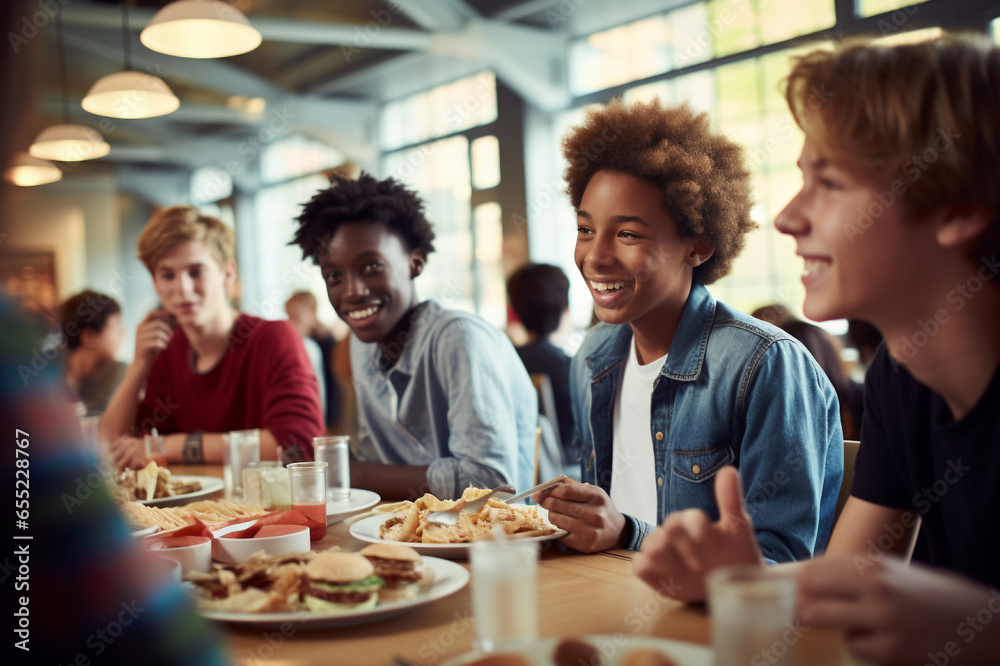 Students in a school dining room, sitting at cafeteria tables and sharing a meal, multicultural student population