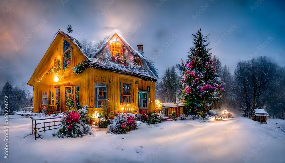 environment beautiful farm house with wood trim accents large multi pane windows with fantastical bright colourful christmas lights and decorations christmas figures in the front yard surrounded by 