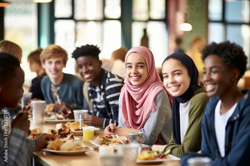 Students in a school dining room, enjoying a school meal, diverse group of students in the education setting and the educational aspect of dining together