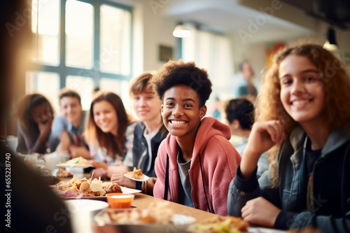 Students in a school dining room, coming together for lunch