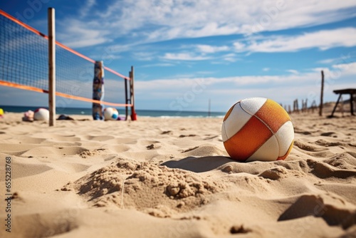volleyballs and net on a beach sand court