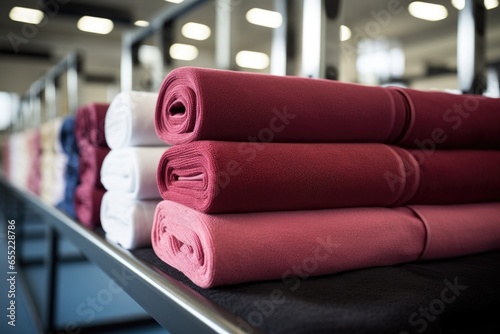 close-up of a row of rolled towels in the gym