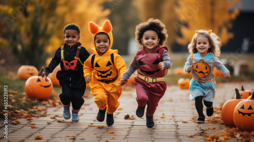 children in halloween costumes running down the street in suburbs, smiling, having fun, Halloween pumpkins, jack-o-lanterns, diverse kids, outdoor photo, trick or treating