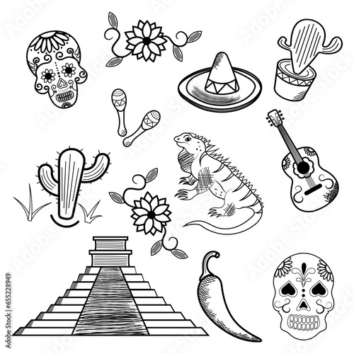 set of symbols of Mexico, with skulls, cacti, sombreros, guitars, maracas, iguanas