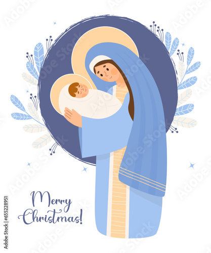 Merry Christmas card. Virgin Mary standing with baby Jesus Christ. Birth of Savior. Holy Night. Vector illustration in cartoon flat style for Xmas holiday design, decor, postcards.