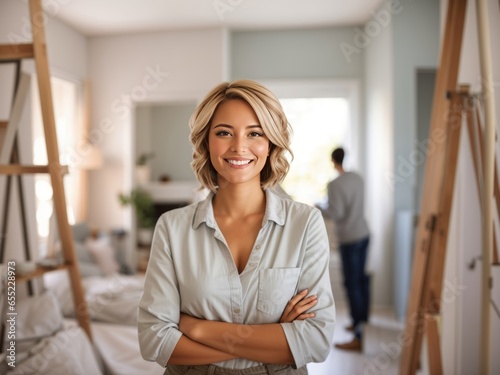 Interior Designer and Decorator Posing in Home Background, Interior Design Professional in Home Environment, Interior Designer and Decorator in a Home Setting