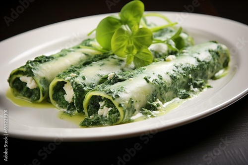 Spinach-stuffed cannelloni with rich ricotta filling. Generative AI photo