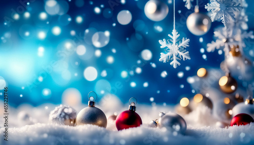 Decorazioni di Natale sotto la neve, stelle e palline colorate