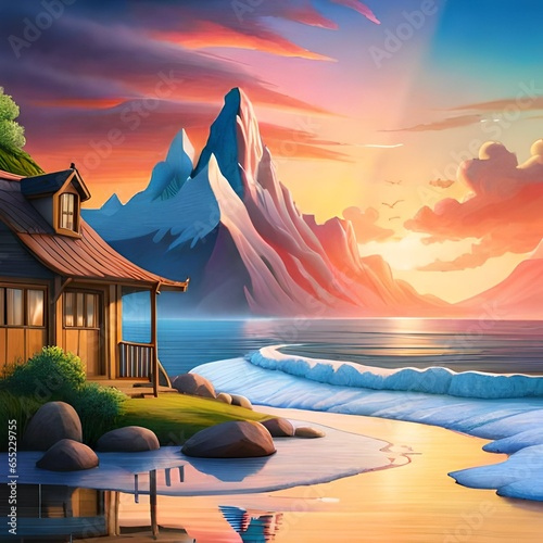 Whimsical Neverland: Vibrant Fantasy in 8K Landscape Amid Nebula Sunset and Rainbow Clouds photo