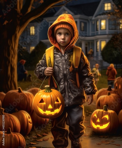 Boy with pumpkin, collecting sweets. Halloween theme. Generated with AI
