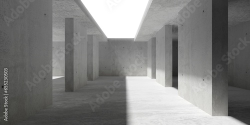 Abstract empty, modern concrete room with rows of pillars, ceiling sky opening in the center and rough floor - industrial interior background template