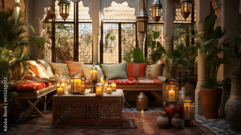 A Moroccan-inspired lounge with mosaic tile patterns, floor cushions, and lanterns