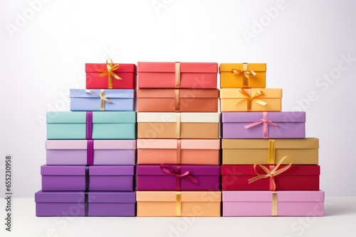 a stack of colorful gift boxes in a row