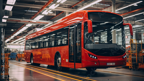Bus assembly plant. Bus manufacturer. Bus factory. Generative AI