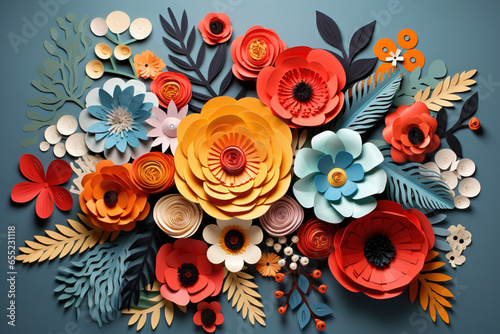 Colourful handmade paper flowers on light blue background 