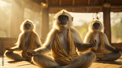 Monkeys doing yoga pose in orange and white coats in nature and in wooden buildings