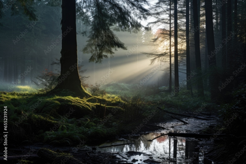 dawn light spilling into a forest clearing - obrazy, fototapety, plakaty 