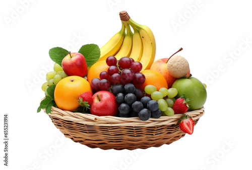 Fruits including oranges  apples  grapes  bananas are in a wicker basket.