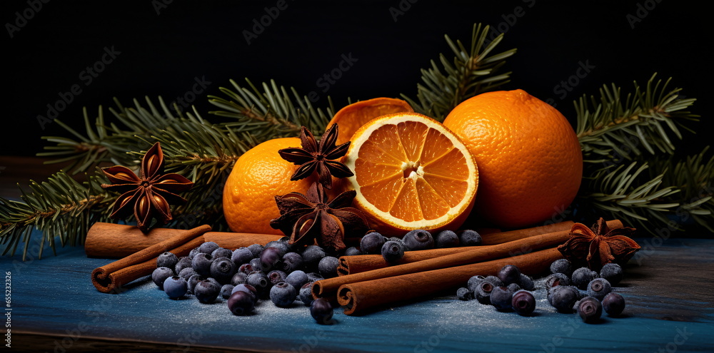 Oranges, Blueberries, and Spices on a Blue Wooden Surface - AI Generated