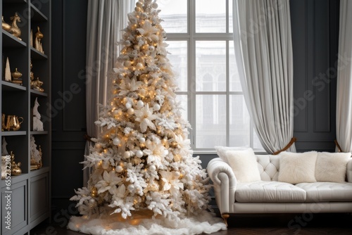 artificial white christmas tree adorned with gold garlands