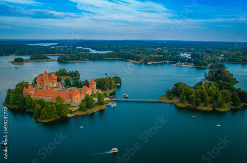 Aerial view of Trakai castle. Medieval gothic Island castle, located in Galve lake. Drone photo from above