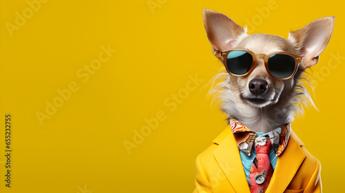 A dog dressed up in a cool jacket and tie. Rocking glasses for that extra flair. Posing on a yellow backdrop, looking super chic. Space on the right for your message best for advertisment 