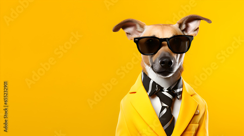 A dog dressed up in a cool jacket and tie. Rocking glasses for that extra flair. Posing on a yellow backdrop, looking super chic. Space on the right for your message best for advertisment  © K