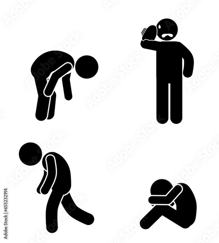 stick figure and stick man vector silhouette illustration, tired, give up, despair
