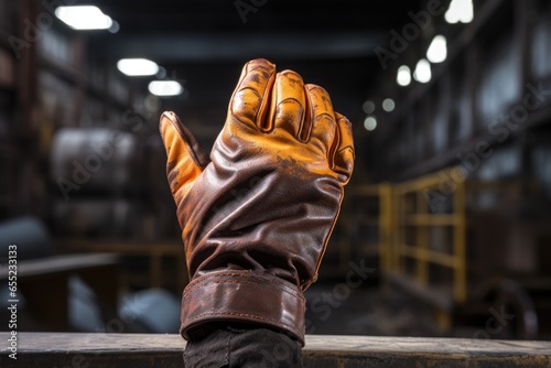 fist in union protection glove against industrial background