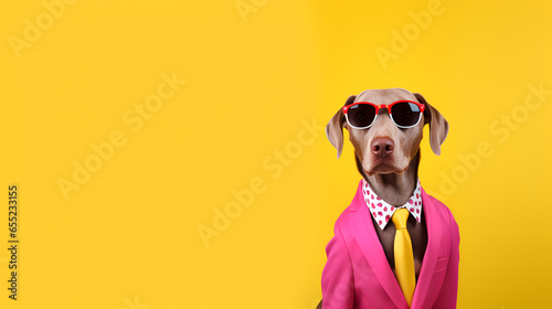A dog dressed up in a cool jacket and tie. Rocking glasses for that extra flair. Posing on a yellow backdrop, looking super chic. Space on the right for your message , best for marketing and advertise © K