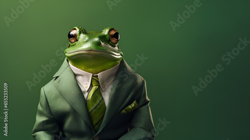 A frog wearing a snazzy jacket and tie. Stylish glasses complete its cool look.Poses like a top supermodel. best for advertisement banner  Wide banner with space for text left side photo