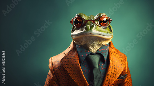 A frog wearing a snazzy jacket and tie. Stylish glasses complete its cool look.Poses like a top supermodel. best for advertisement banner Wide banner with space for text left side