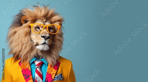 A lion snazzy jacket and tie. Stylish glasses complete its cool look.Poses like a top supermodel. best for advertisement banner Wide banner with space for text left side photo