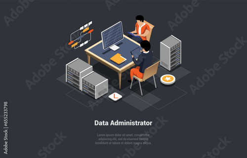 System Administrator Upkeeping Server, Adjusting Network. Sysadmins Teamwork In Office Or Storage Room With Server And Hardware Rack. Administration, Storage, Server. Isometric 3d Vector illustration