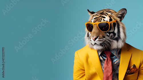 Tiger in blazzer coat jacket like a top supermodel. best for advertisement banner Wide banner with space for text left side photo