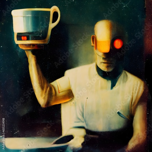 man in undershirt with cybernetic arm pouring a cup of coffee in the morning cyberpunk photorealism polaroid photo 