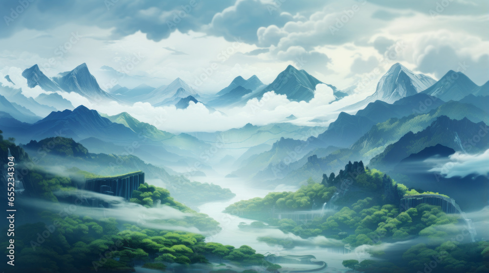 Obraz premium A painting of a blue and green abstract landscape