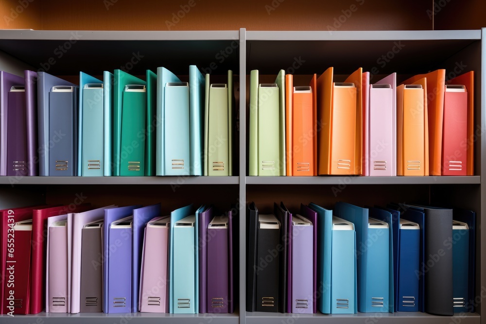 Fototapeta premium different colored binders neatly arranged on a shelf