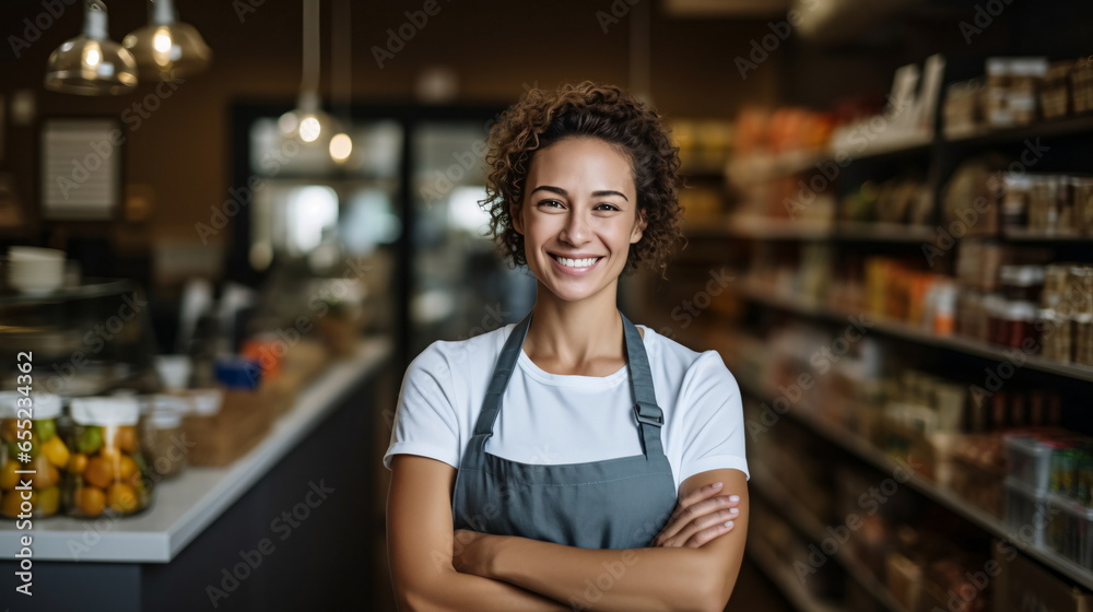 Woman Shopper in Front of Grocery Shelf, casual style, AI Generated - obrazy, fototapety, plakaty 