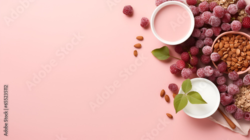 Top view of a healthy breakfast spread on a vibrant pink background. Plenty of space for text or design, ideal for promoting nutritious morning meals or for recipe ideas
