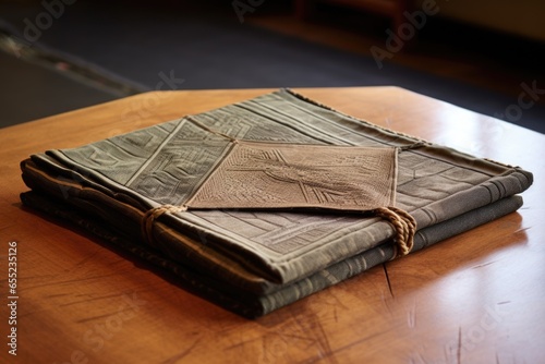 a mkeka mat folded and kept, with a carved wooden kinara on top photo