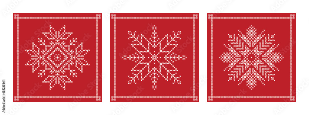 Folk art christmas snowflake embroidery vector, set of three square xmas cross stitch snow patterns - obrazy, fototapety, plakaty 