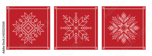 Folk art christmas snowflake embroidery vector, set of three square xmas cross stitch snow patterns