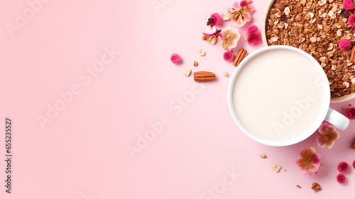 Top view of a healthy breakfast spread on a vibrant pink background. Plenty of space for text or design, ideal for promoting nutritious morning meals or for recipe ideas