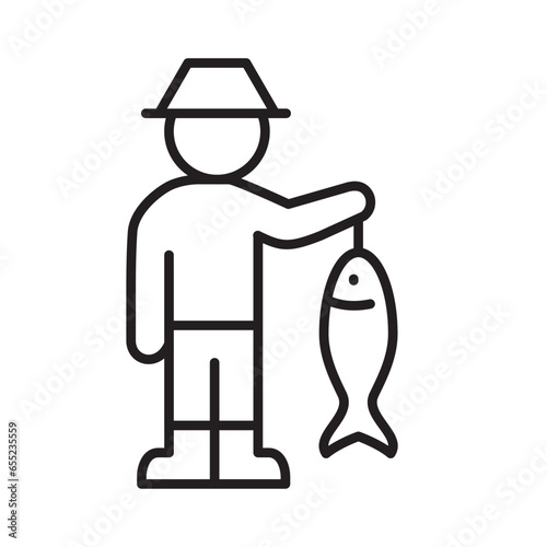 Fisherman holds a fish. Line icon.