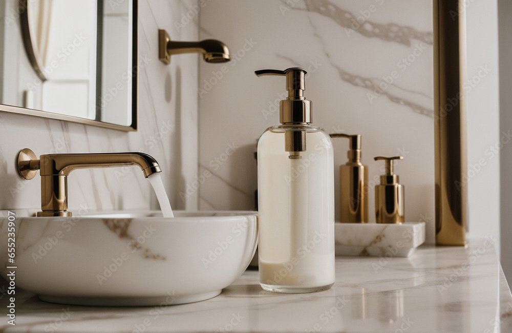 A blank Mockup of a hand wash bottle on a marble in the luxurious bathroom . Generative AI A blank Mockup of a hand wash bottle on a marble in the luxurious bathroom . Generative AI